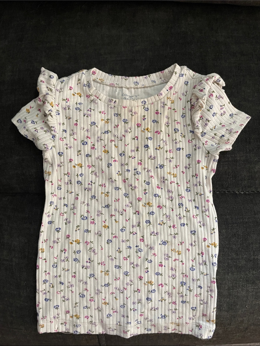 Girls' White Floral Ribbed Short Sleeve Top